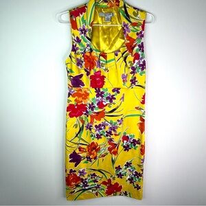 Lba Studio Yellow Floral Sheath Knee Length Dress With U Neckline Size 4